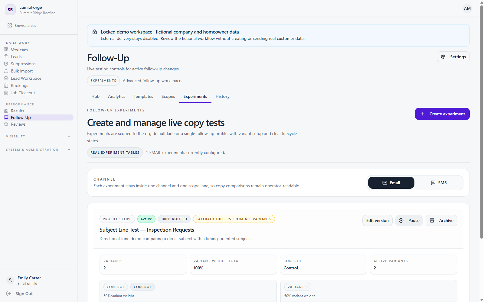 Follow-Up Experiments screen in a locked fictional demo workspace