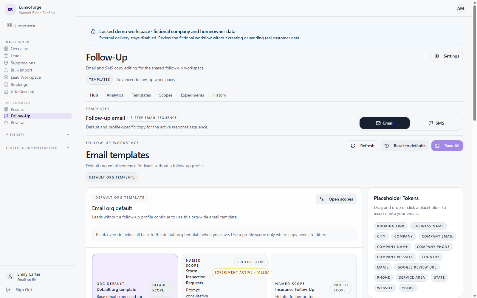 Follow-Up Templates screen in a locked fictional demo workspace